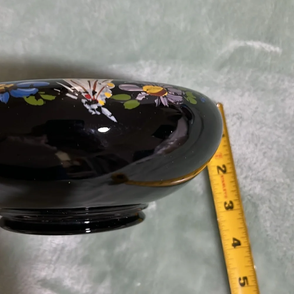 Vintage LE Smith Black Amethyst Glass Bowl Hand Painted Floral UV Glow 1950s